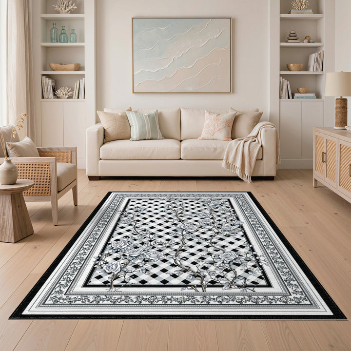 Black White Rose Trellis Area Rug