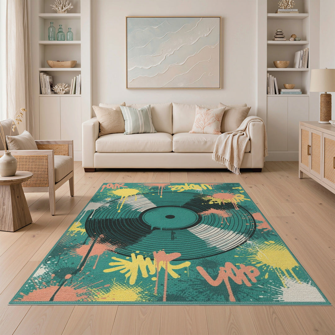 Teal Vinyl Record Graffiti Washable Area Rug
