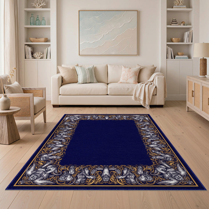 Silver Gorilla Border Blue Area Rug