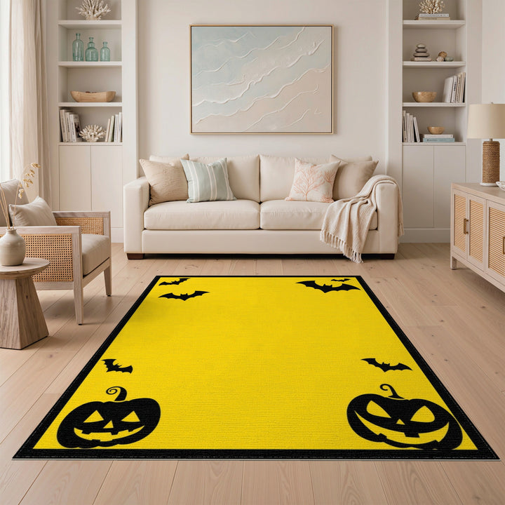 Yellow Halloween Bats and Pumpkins Area Rug