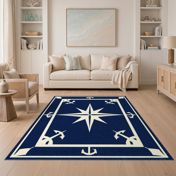 Navy Blue Nautical Compass Anchor Area Rug