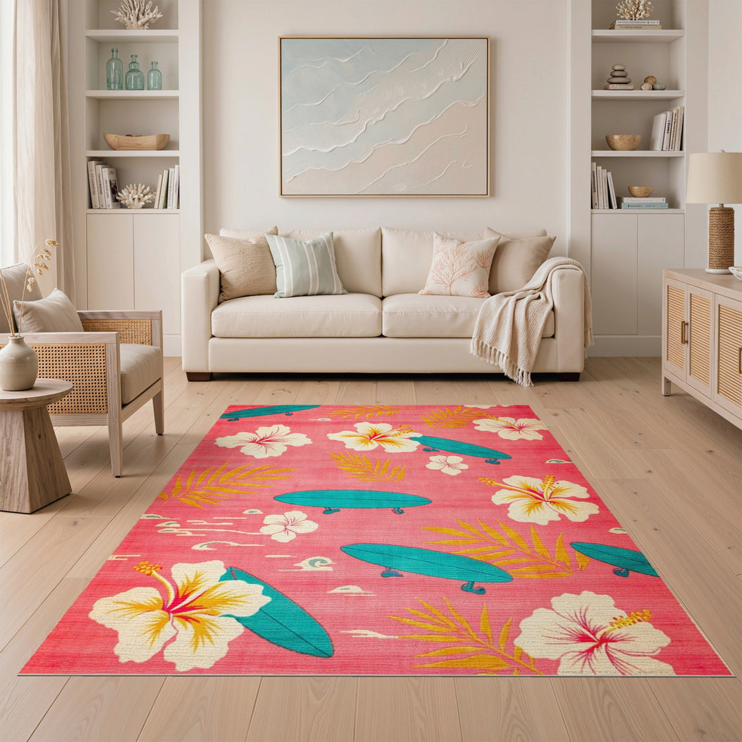 Pink Hibiscus Surfboard Washable Area Rug