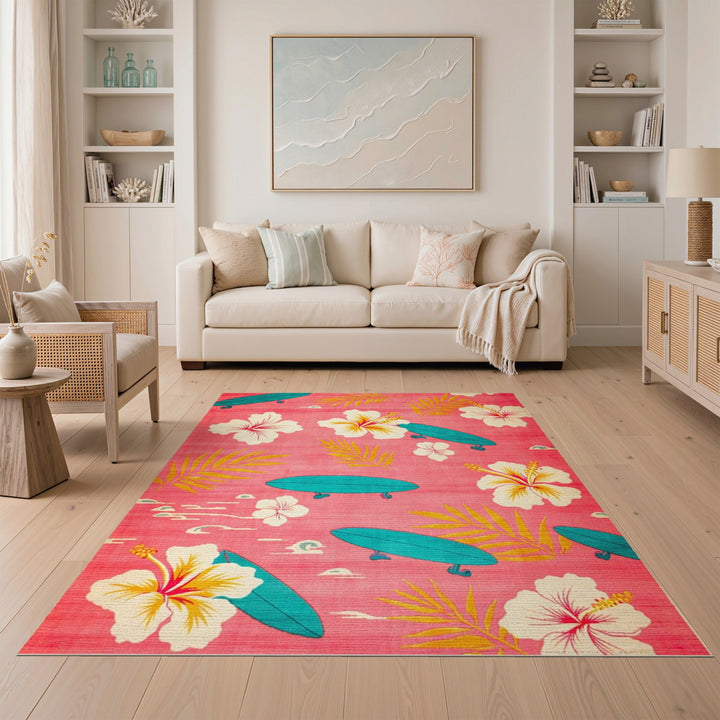Pink Hibiscus Surfboard Washable Area Rug