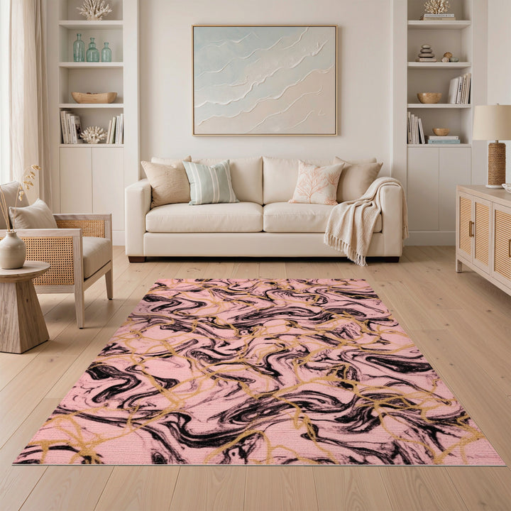 Pink Marble Swirl Area Rug with Gold Accents