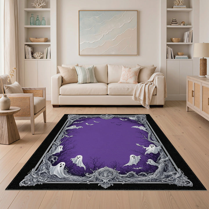 Purple Halloween Ghosts and Bats Ornate Area Rug