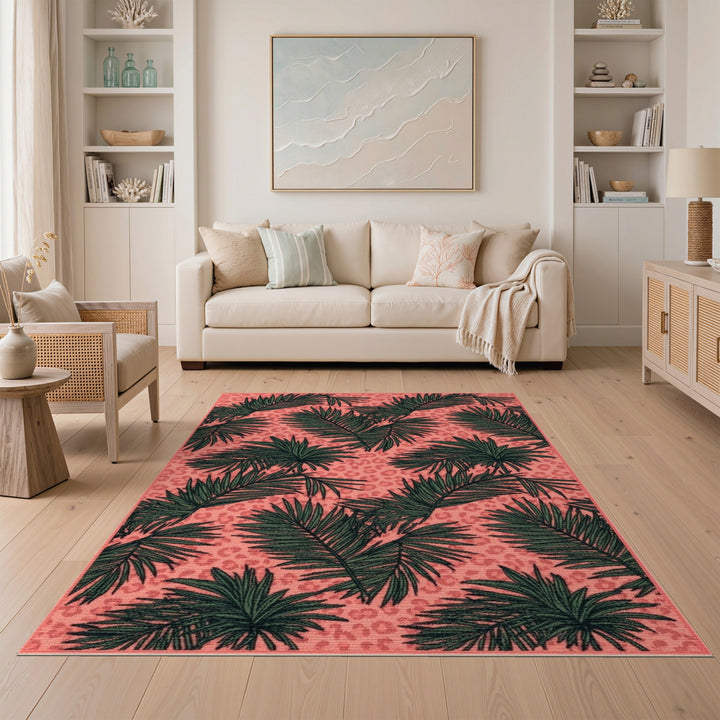 Pink Palm Leaf Leopard Area Rug