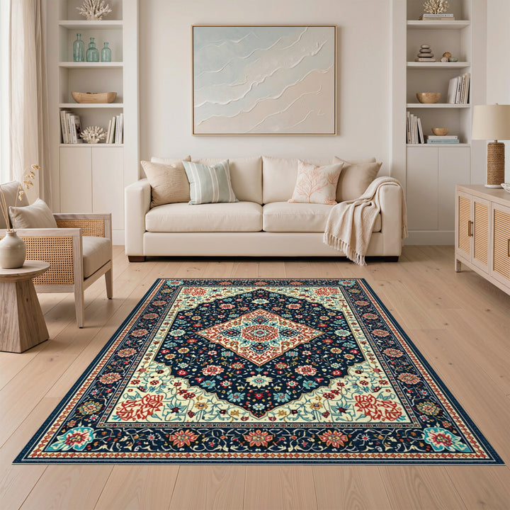 Navy Multi-color and Patterns Navy Persian Floral Medallion Area Rug