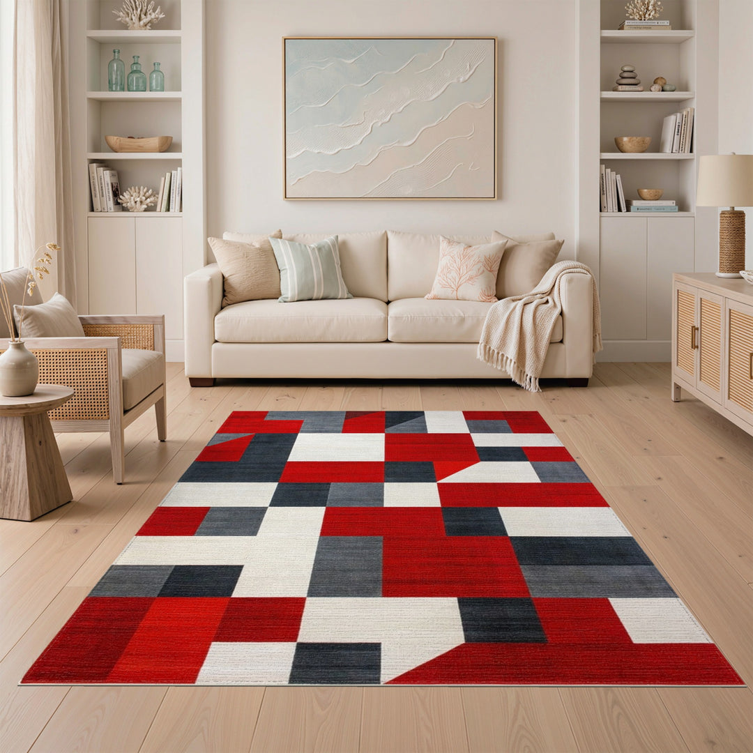Red Geometric Block Area Rug