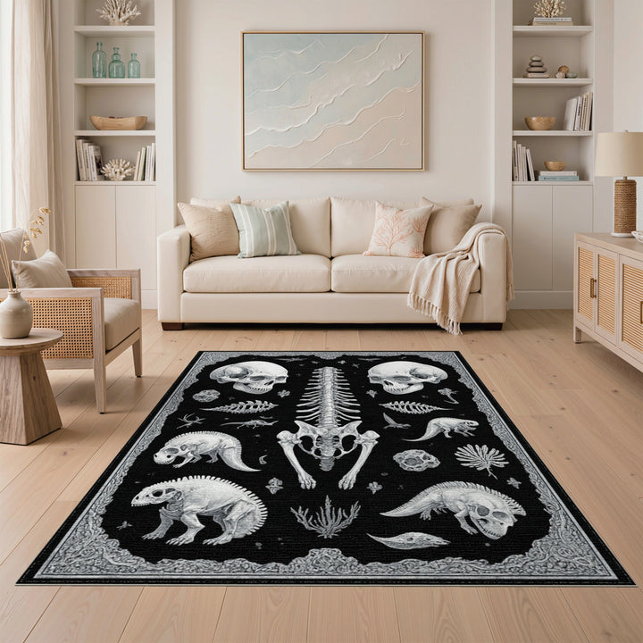 Black and White Dinosaur Skeleton Area Rug