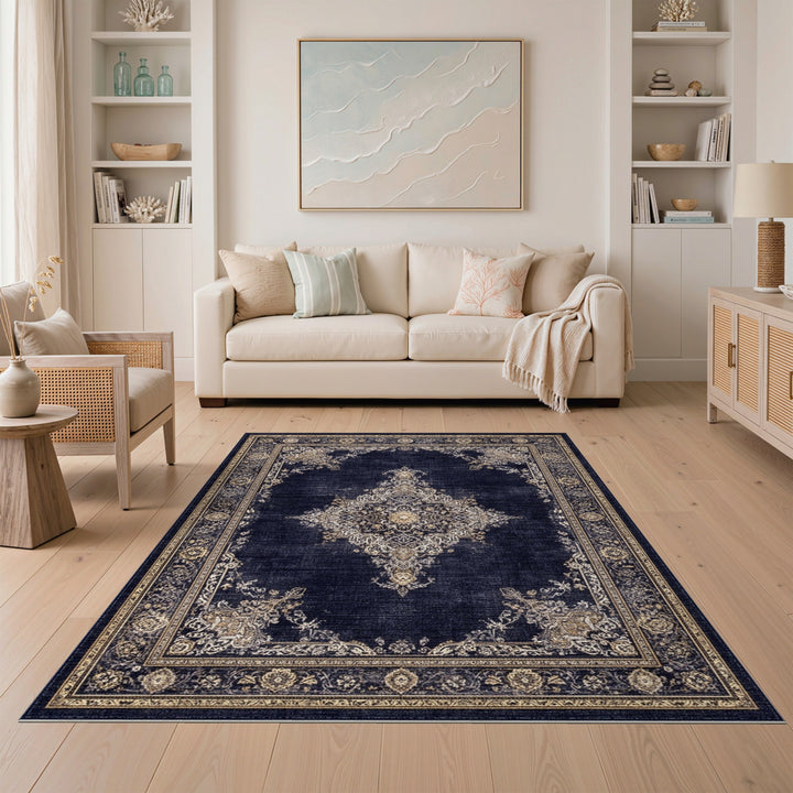 Navy Blue Persian Medallion Area Rug with Gold Accents