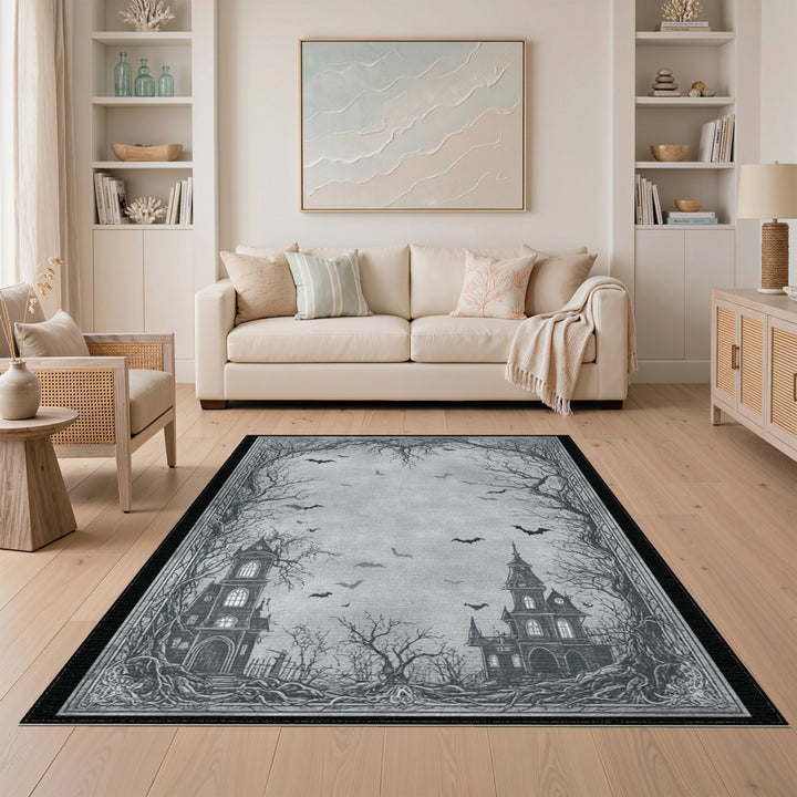 Gothic Haunted Mansion Black White Area Rug