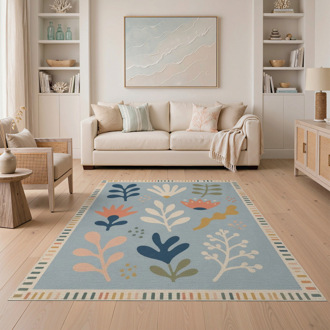 Blue and Teal Blue Abstract Floral Area Rug
