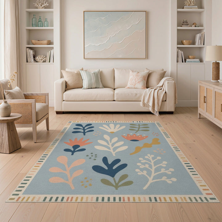Blue and Teal Blue Abstract Floral Area Rug