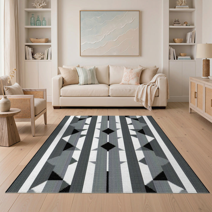 Black White Geometric Striped Area Rug