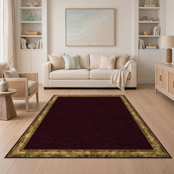 Red Damask Area Rug with Distressed Gold Border