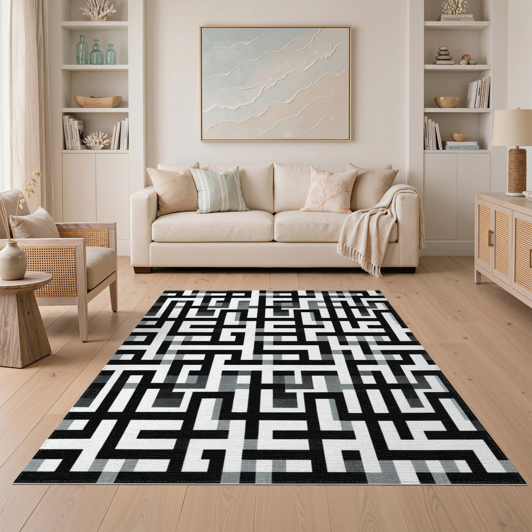 Black White Geometric Maze Area Rug