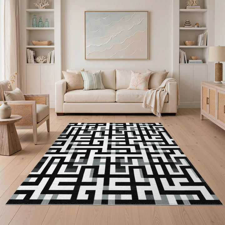 Black White Geometric Maze Area Rug