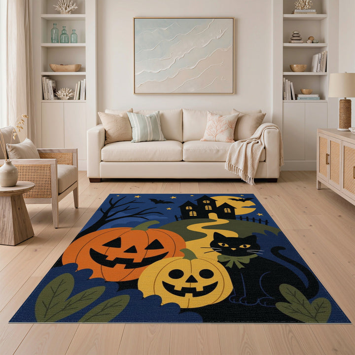 Halloween Black Cat and Pumpkins Area Rug