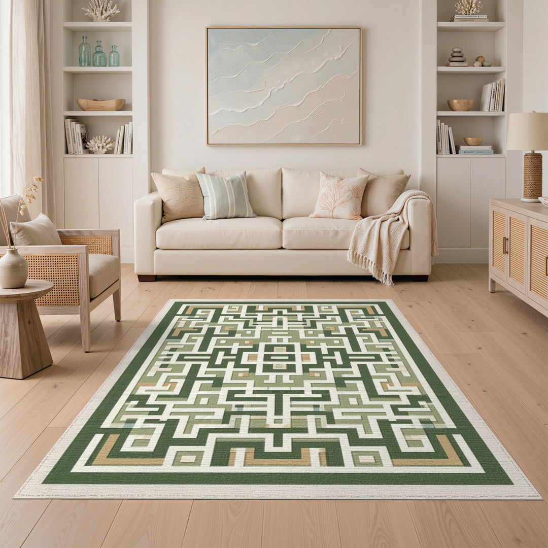 Geometric Modern Green Geometric Maze Area Rug