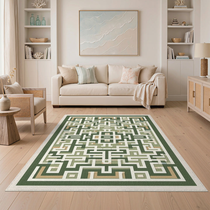 Geometric Modern Green Geometric Maze Area Rug