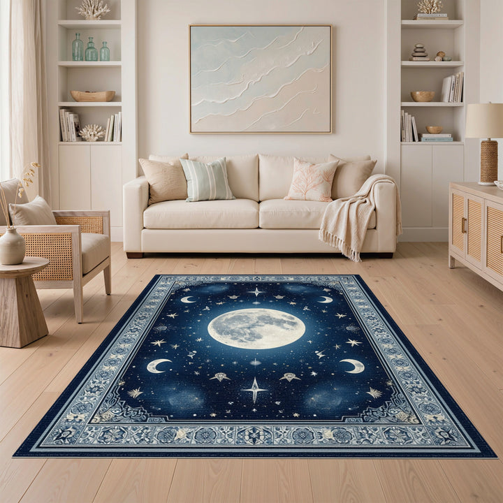Vintage Blue Celestial Moon Area Rug