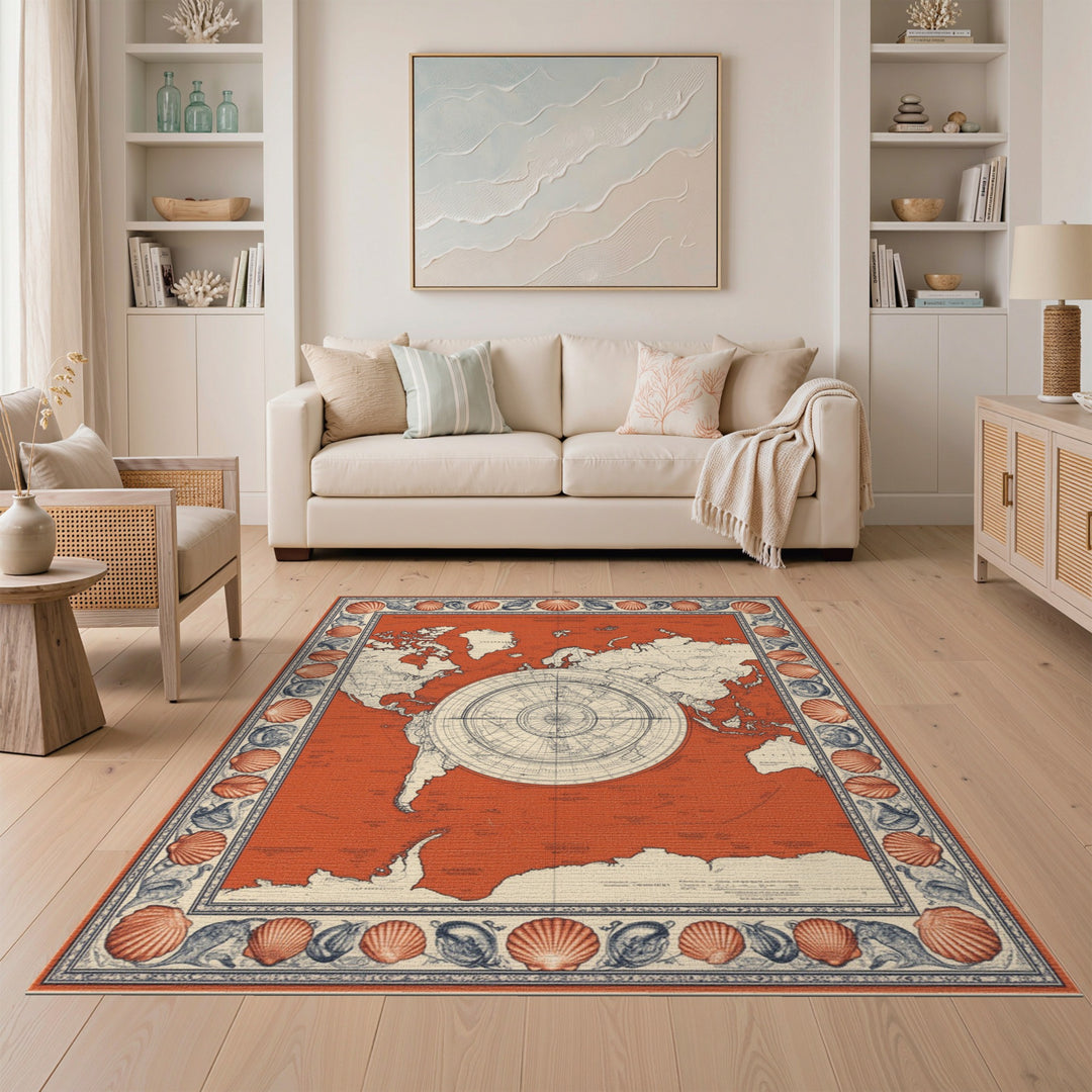 Vintage Red World Map Seashell Border Rug