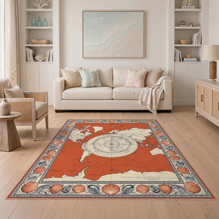 Vintage Red World Map Seashell Border Rug