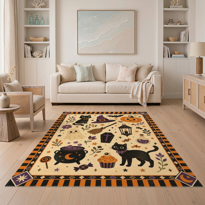 Pumpkin Halloween Black Cat Pumpkin Area Rug