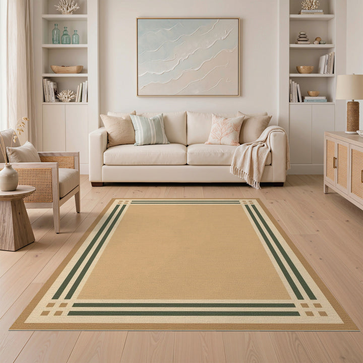 Beige and Neutral Tan Geometric Border Area Rug