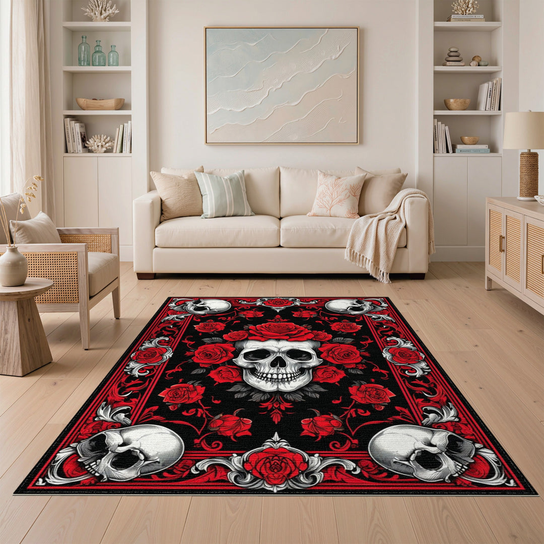 Red Rose Skull Floral Area Rug