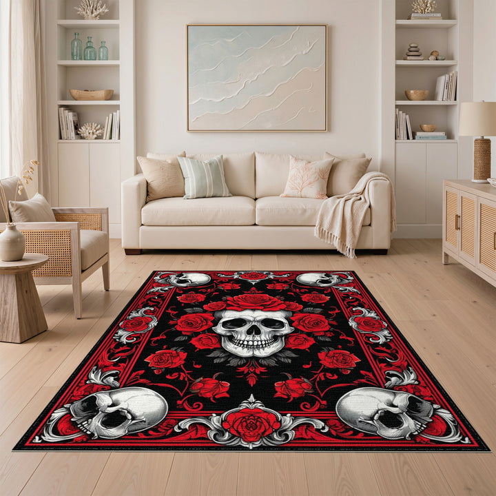 Red Rose Skull Floral Area Rug