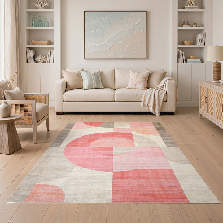 Pink Geometric Circles Area Rug