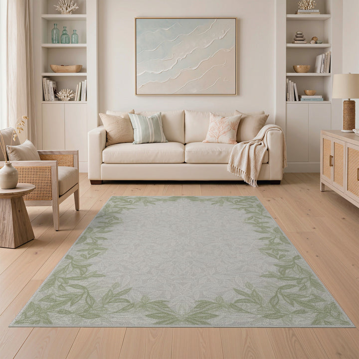 Green Leaf Border Floral Area Rug