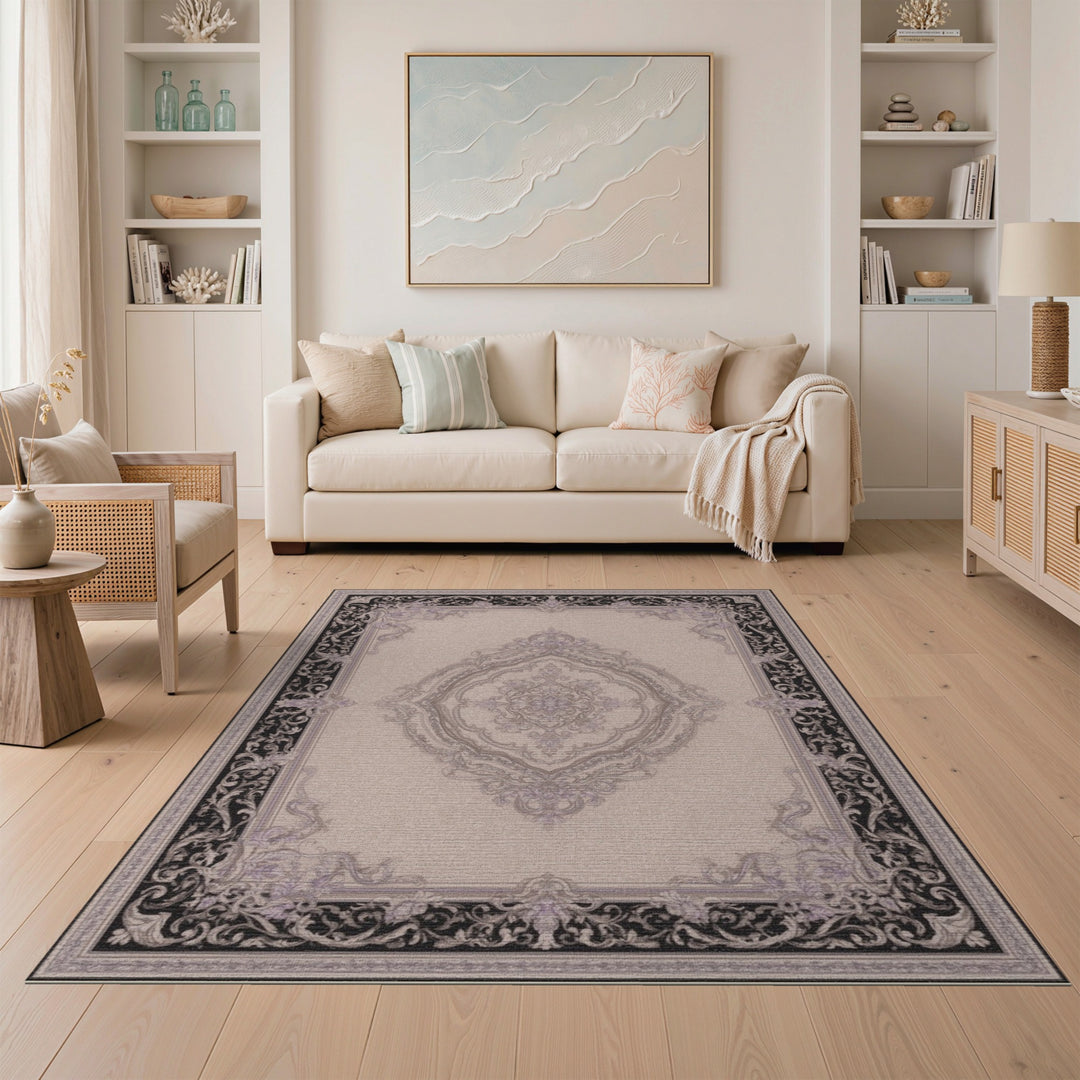Ornate Floral Medallion Black Border Area Rug
