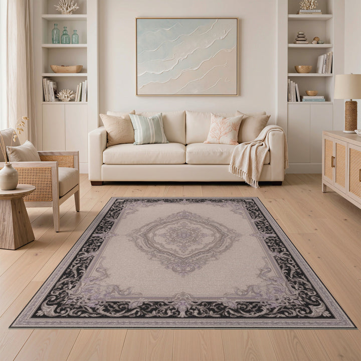 Ornate Floral Medallion Black Border Area Rug