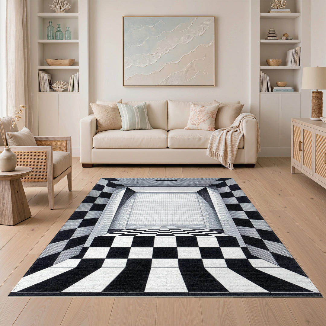 Black White Checkered Perspective Area Rug