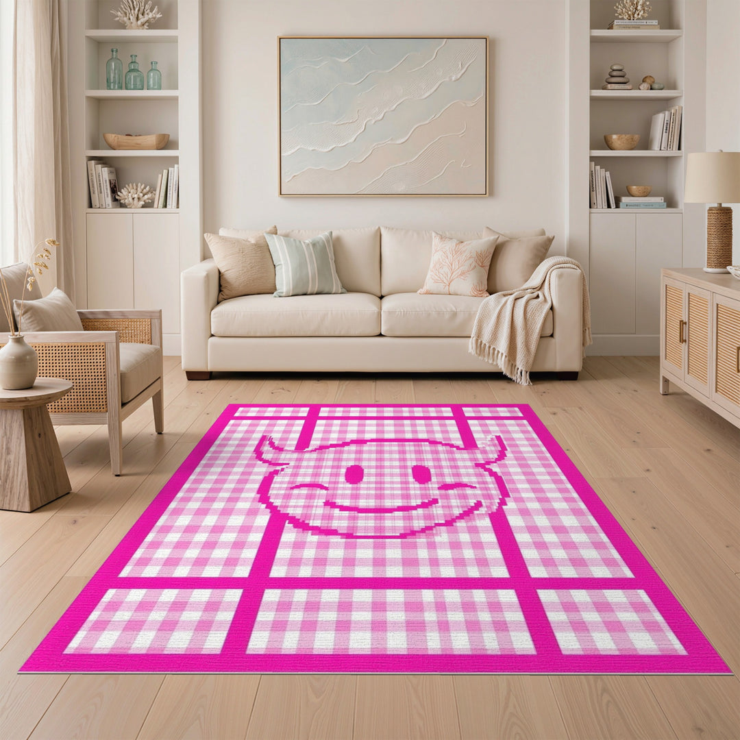 Pink Devil Smiley Checkered Kids Area Rug