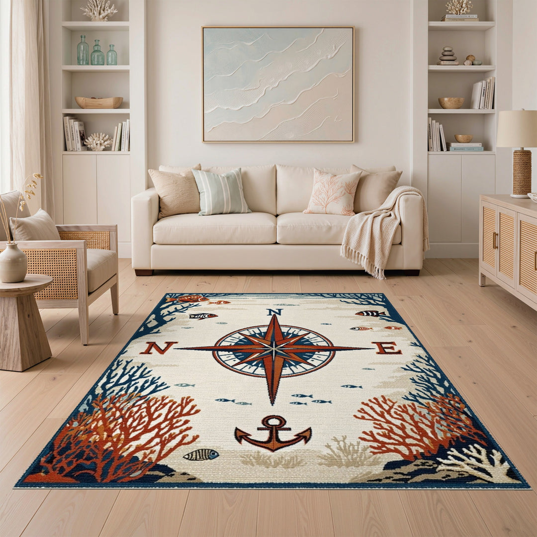 Coastal Compass Anchor Area Rug