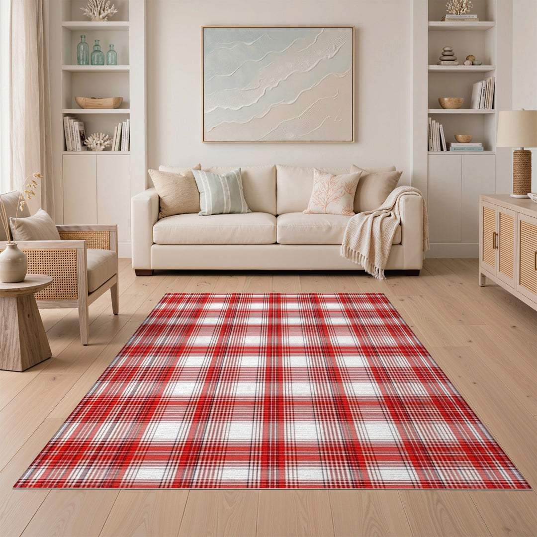 Bold Red Plaid Washable Area Rug