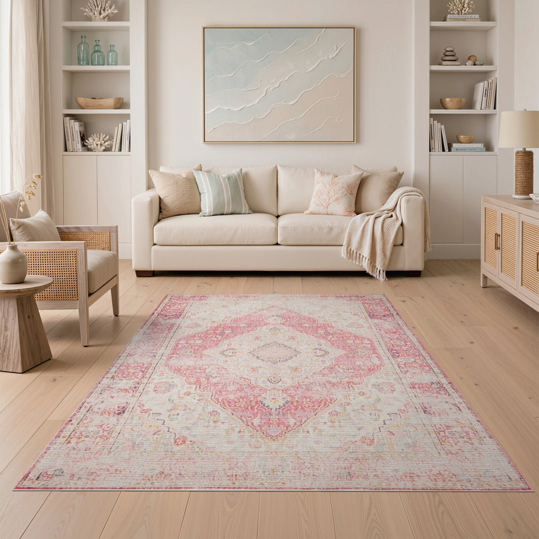 Pink Distressed Vintage Floral Area Rug