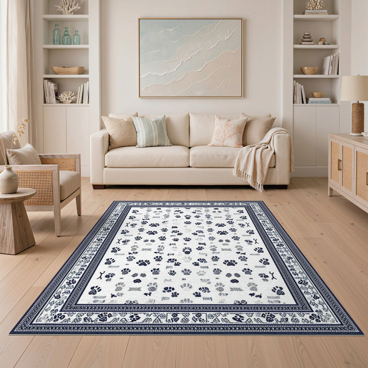 Blue Paw Print Washable Area Rug