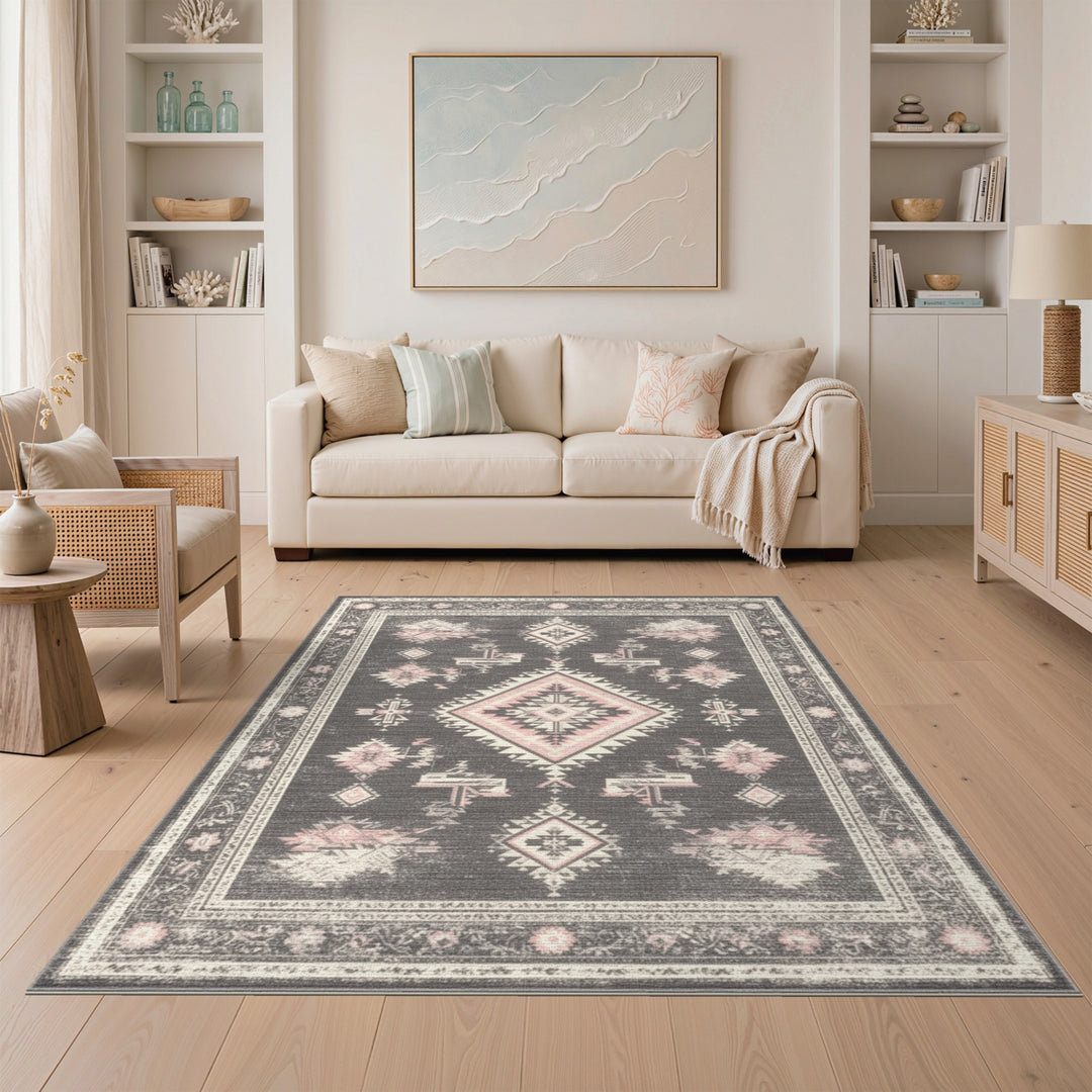 Grey Pink Heritage Tribal Area Rug