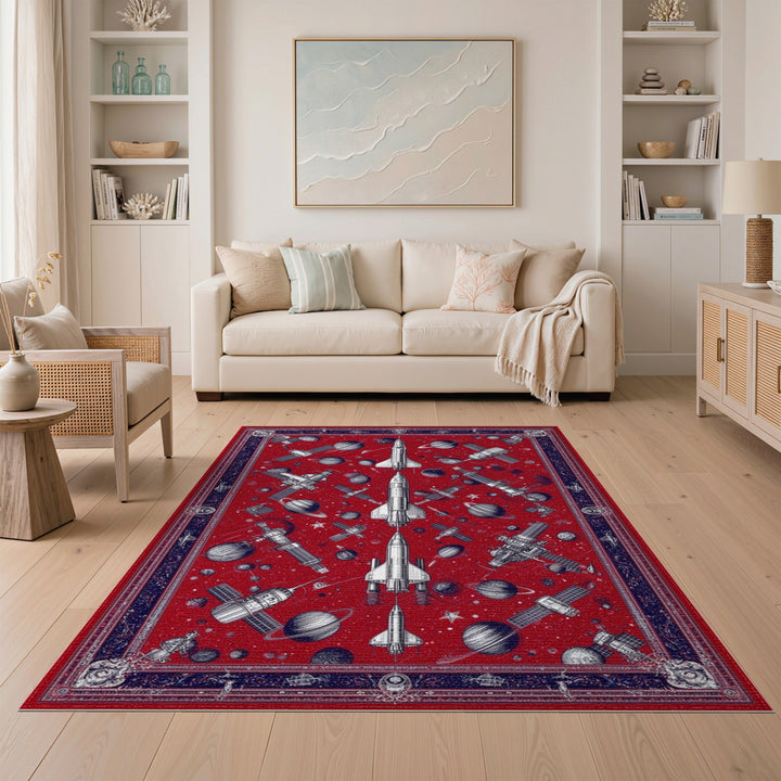 Red Space Rocket Washable Area Rug