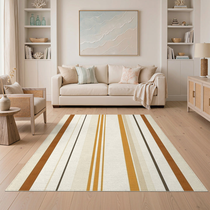 Brown and Tan Striped Washable Area Rug