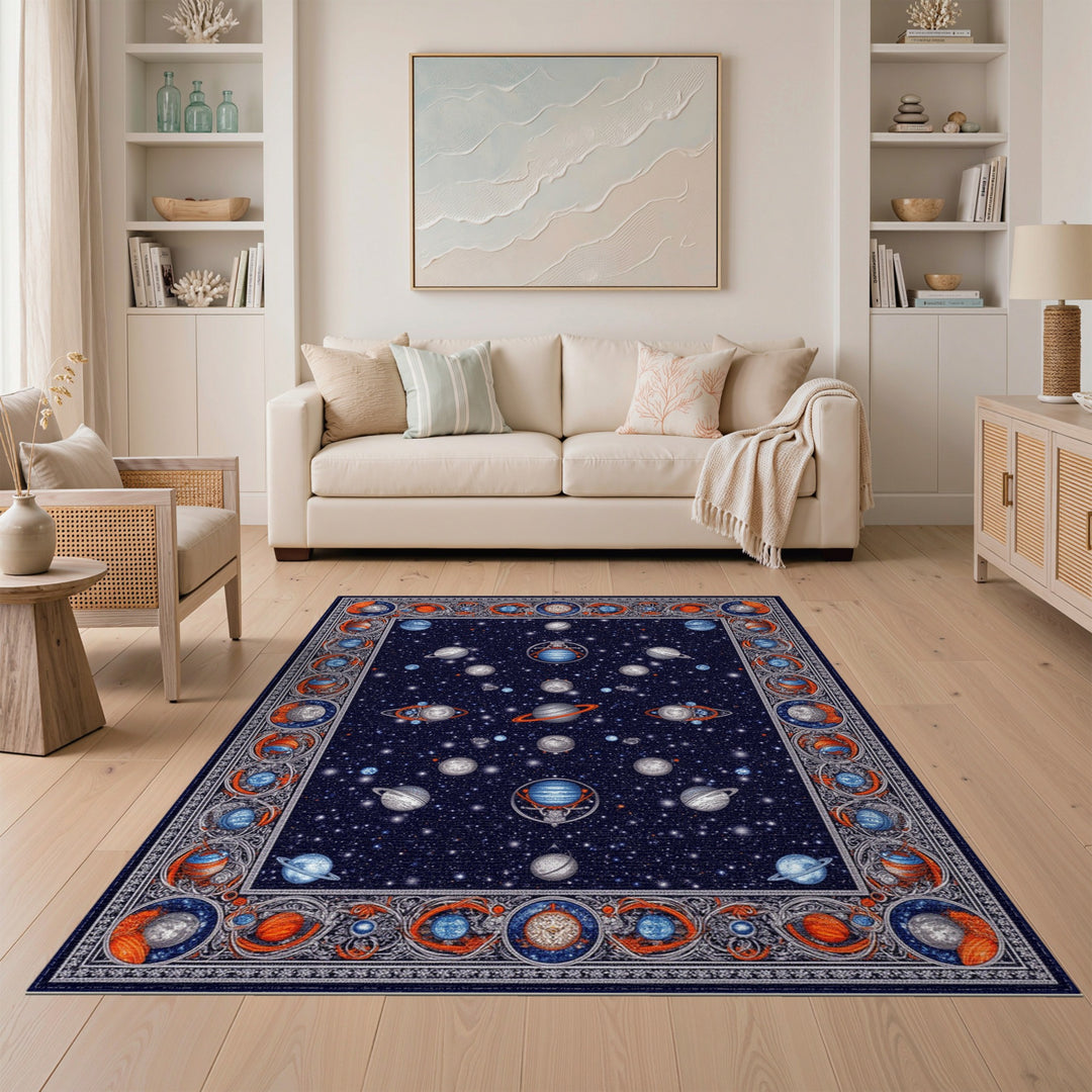 Celestial Blue Planets Washable Area Rug