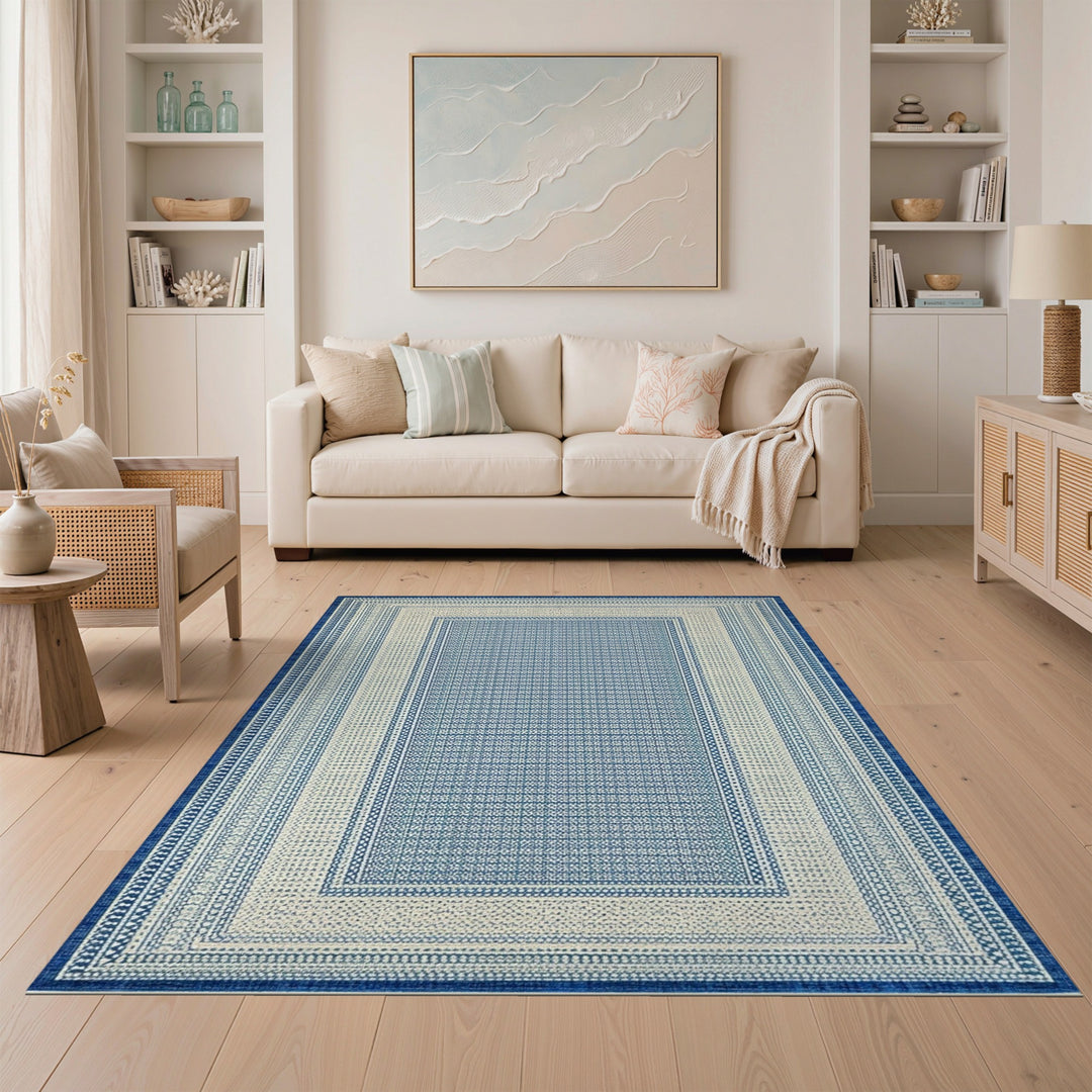 Blue Geometric Bordered Area Rug
