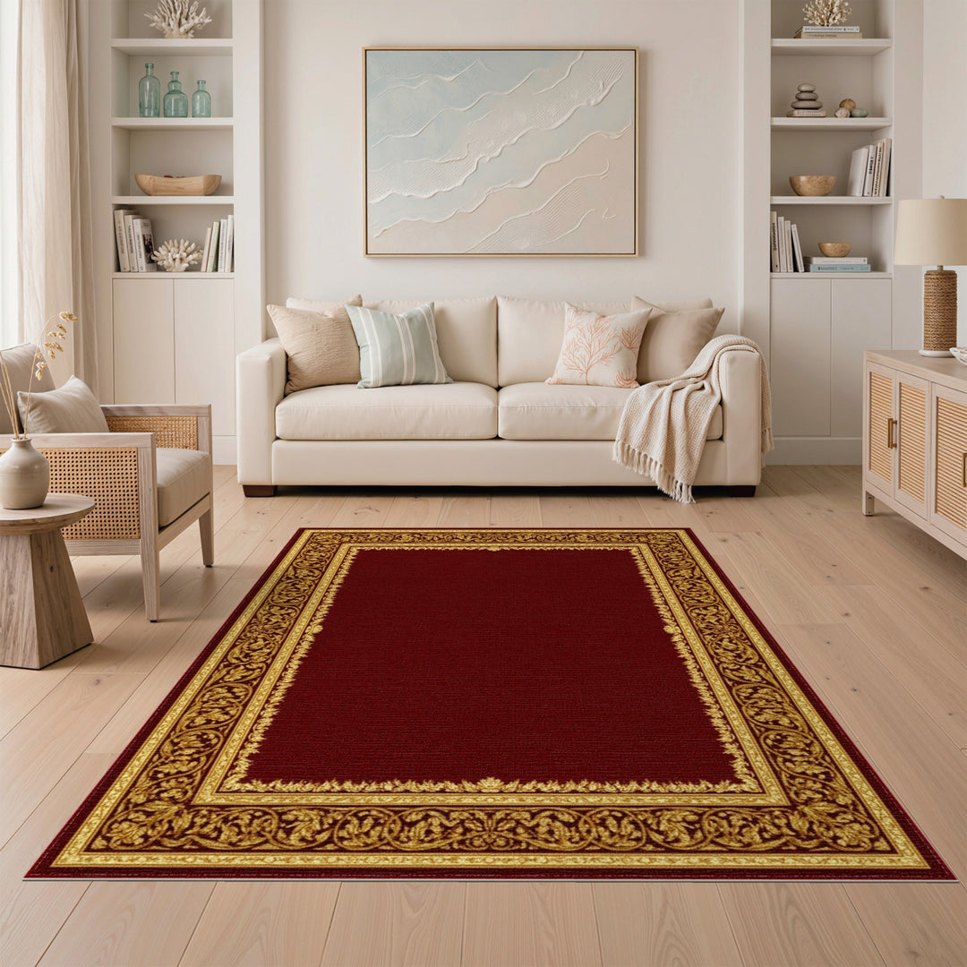 Rich Red Traditional Persian Rug with Gold Ornate Border