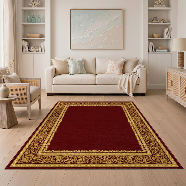 Rich Red Traditional Persian Rug with Gold Ornate Border