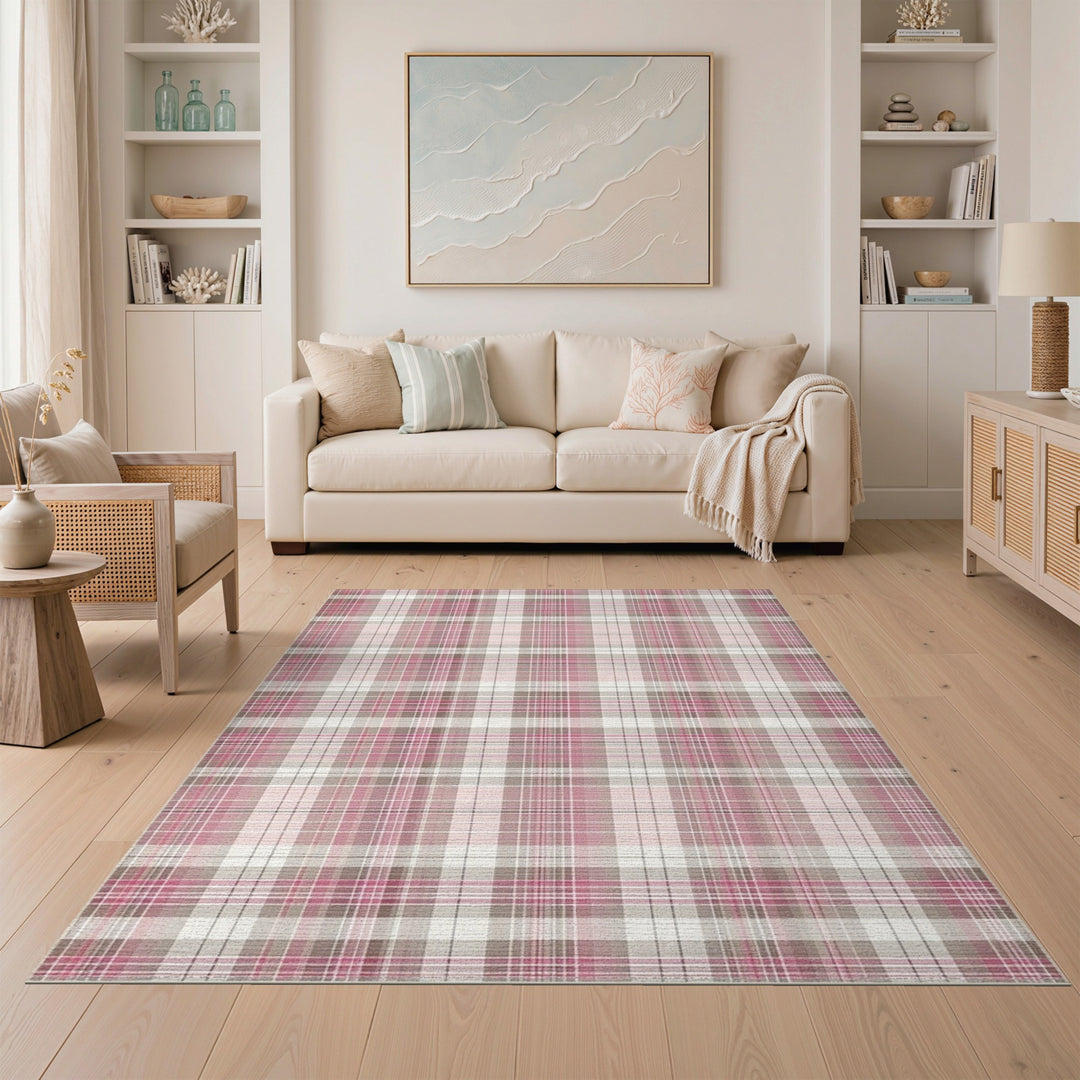 Pink Plaid Washable Geometric Modern Area Rug