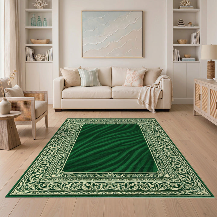 Green Zebra Striped Ornate Vintage Area Rug